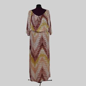 Venus LASCANA Maxi Dress Medium Rayon Orange Pink Tie Dye 3/4 Sleeve Boho Flowy